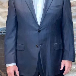 Hickey Freeman Made to Measure Navy Blue Pin Stripe Mens Suit in Super 150’s.